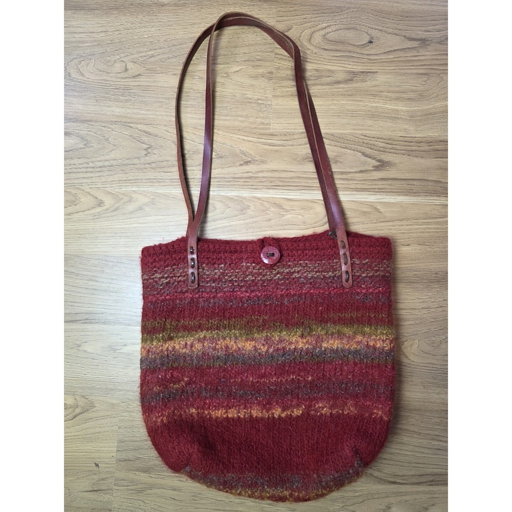 Bean Stitched Wool And Leather Tote Shoulder Bag Artisan Made‎ Knit Bag Red